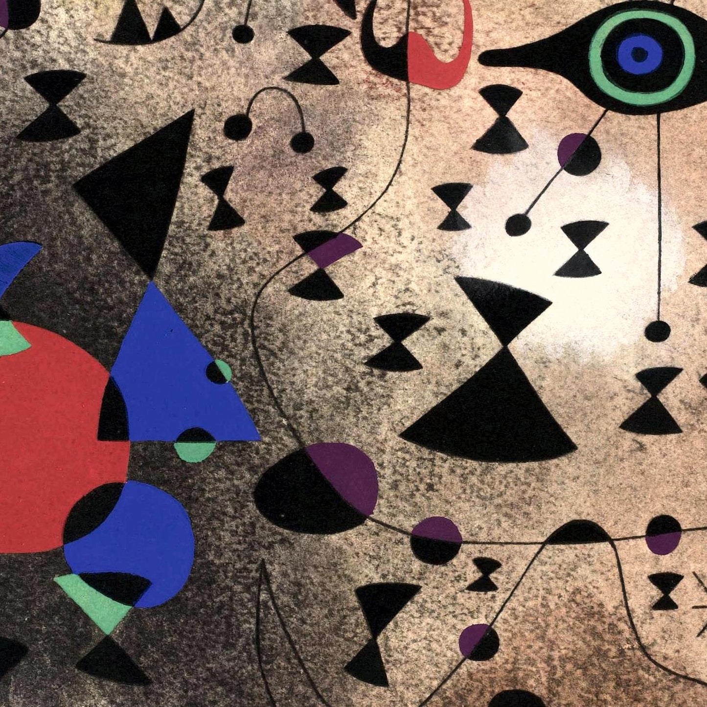 Abstract artwork with geometric shapes in black, blue, red, and purple on a textured beige background.