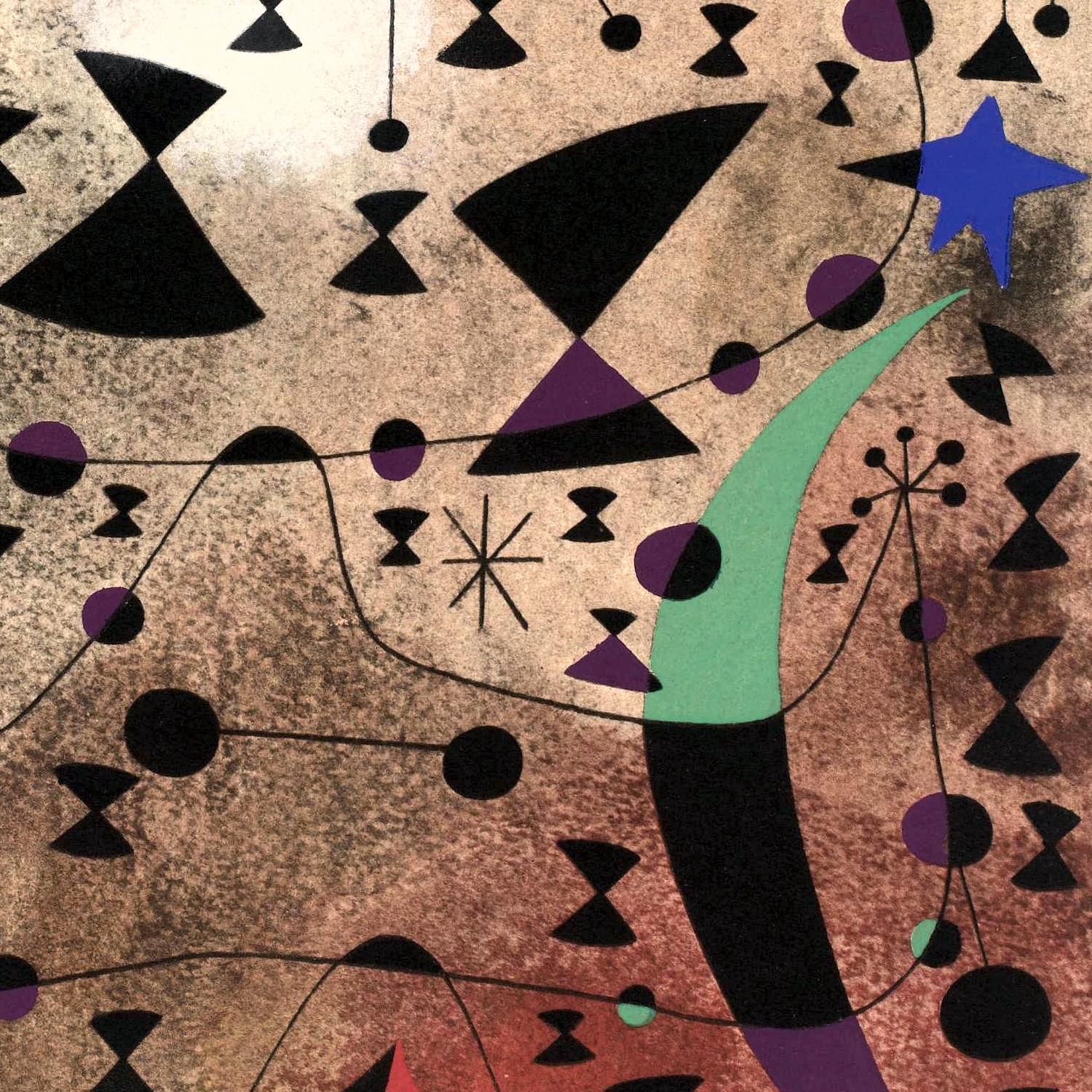 Abstract artwork with geometric shapes and colors on a textured background