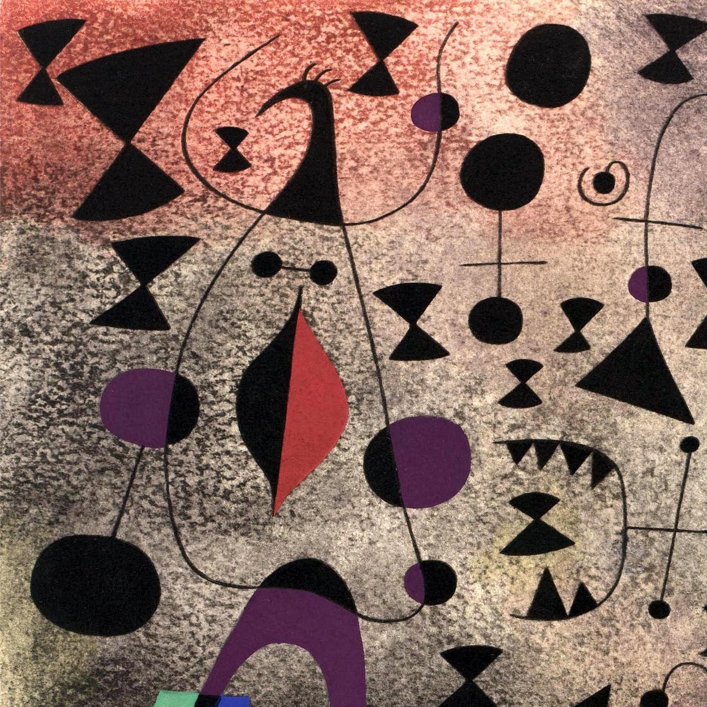 Abstract artwork with geometric shapes in black, purple, and red on a textured background