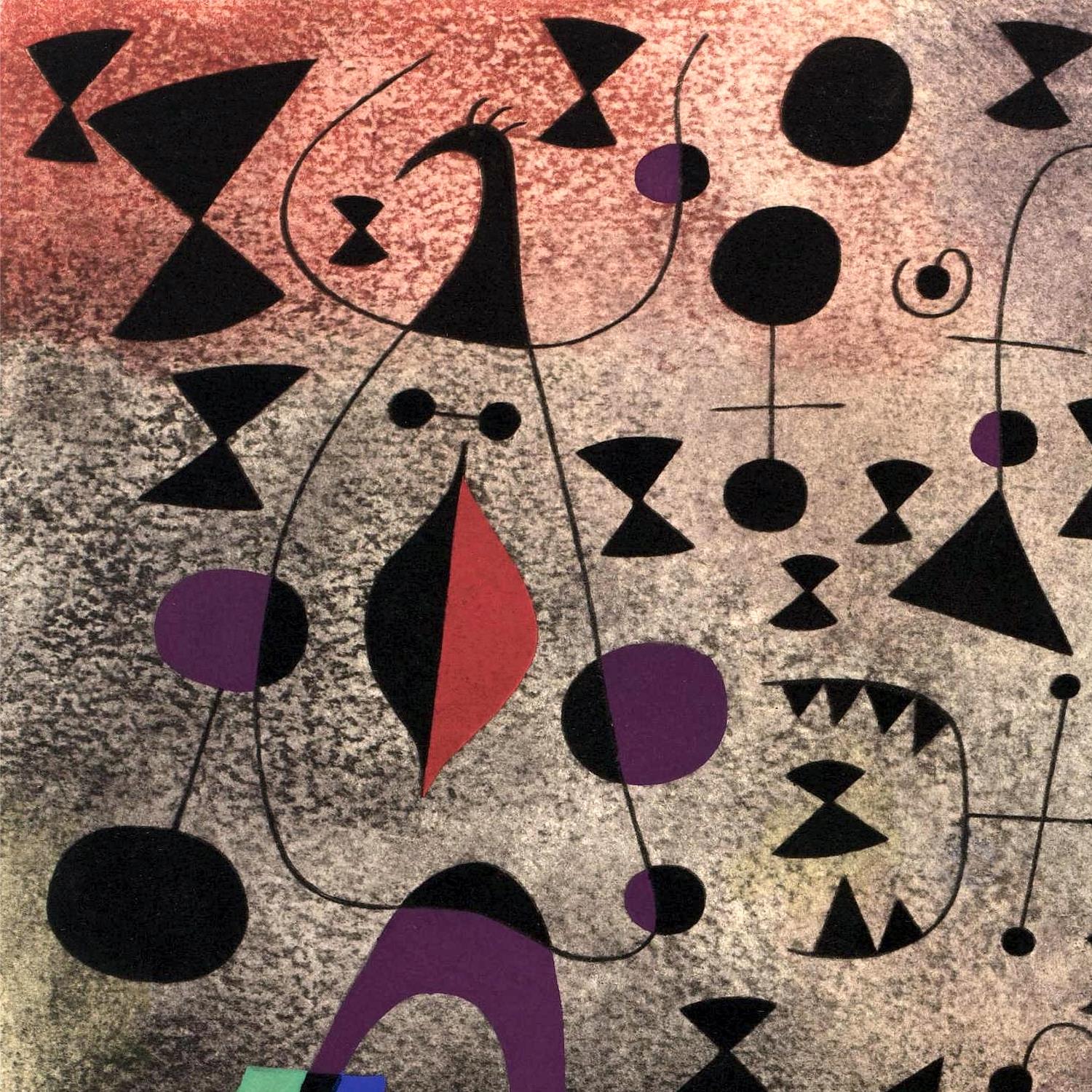 Abstract artwork with geometric shapes in black, purple, and red on a textured background