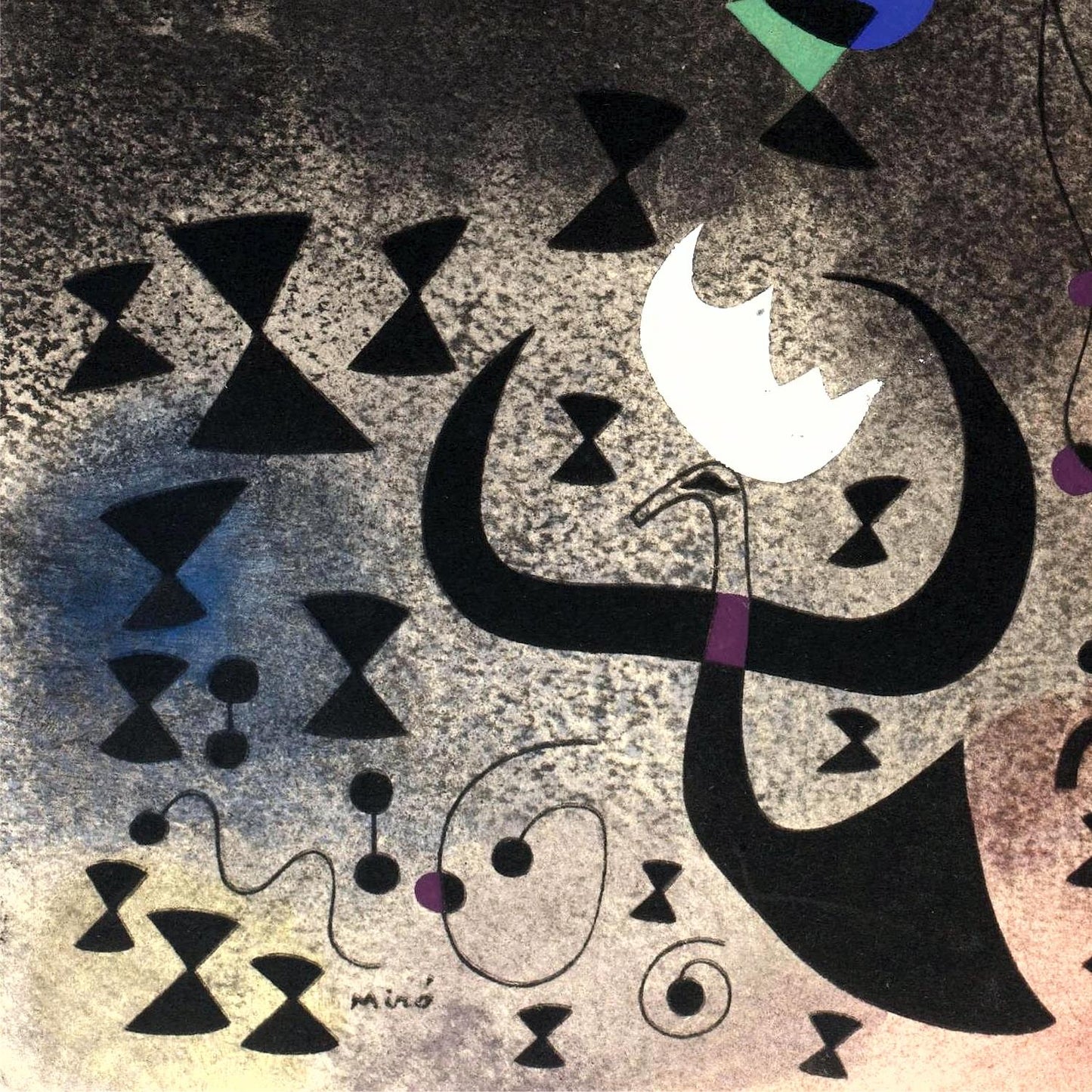Abstract artwork with a stylized bird holding a light bulb, featuring black, white, and gray colors.