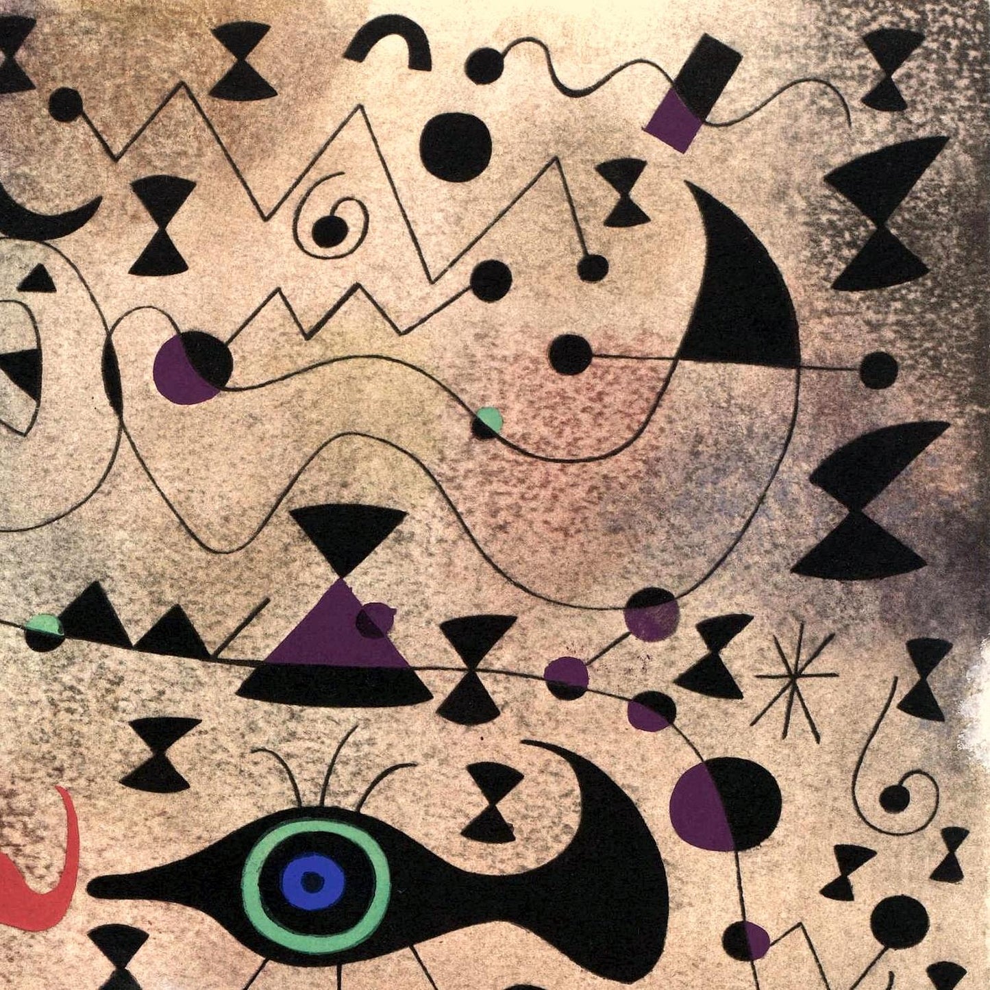 Abstract artwork with geometric shapes and wavy lines on a textured background