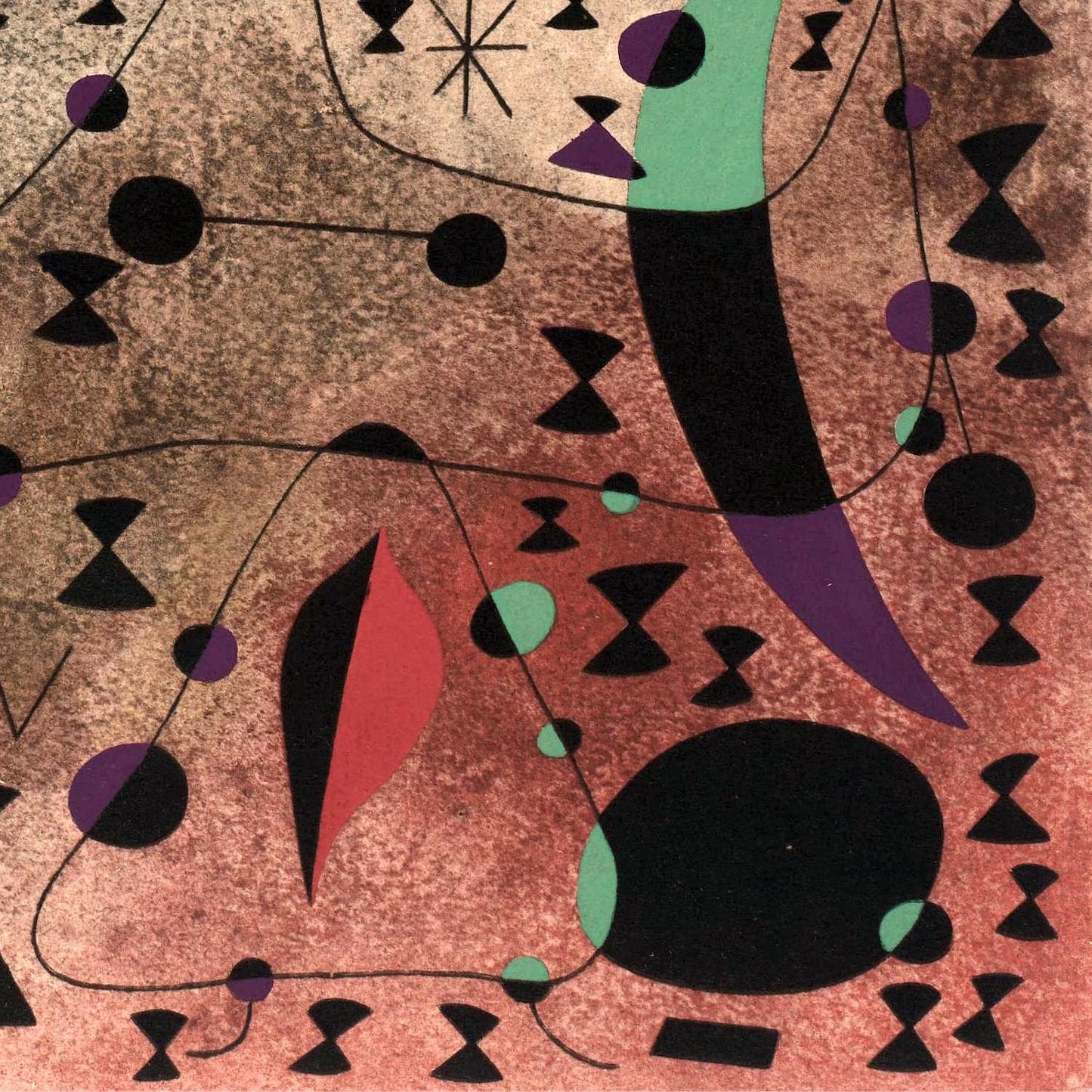 Abstract artwork with geometric shapes and colors on a brown background