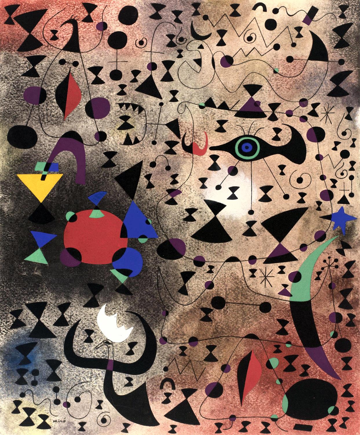 Abstract artwork with geometric shapes and colors on a textured background