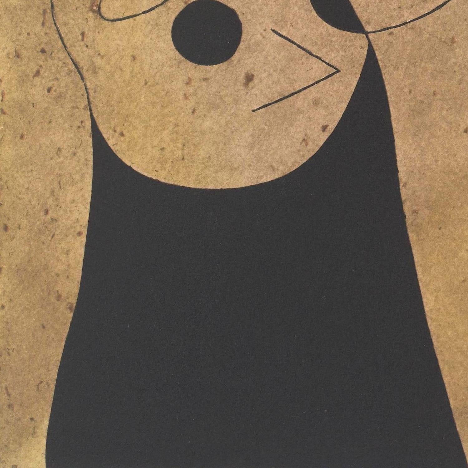 Abstract art with a black shape on a textured brown background