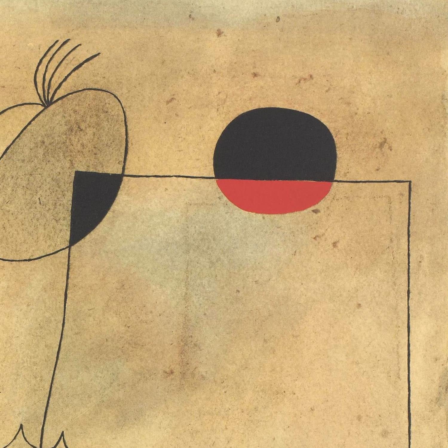 Abstract artwork with a black and red circle on a beige background