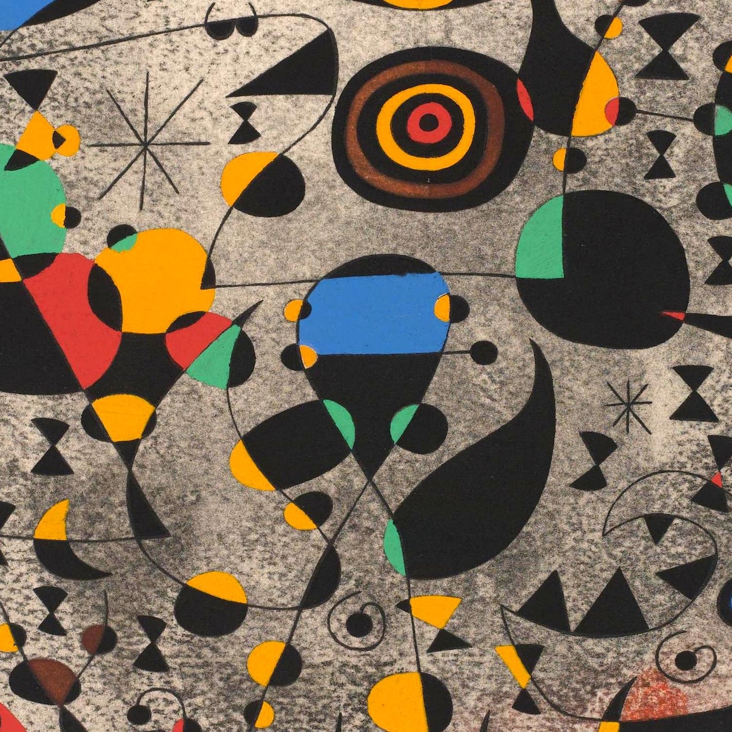 Abstract art with geometric shapes in black, yellow, red, and blue on a gray background