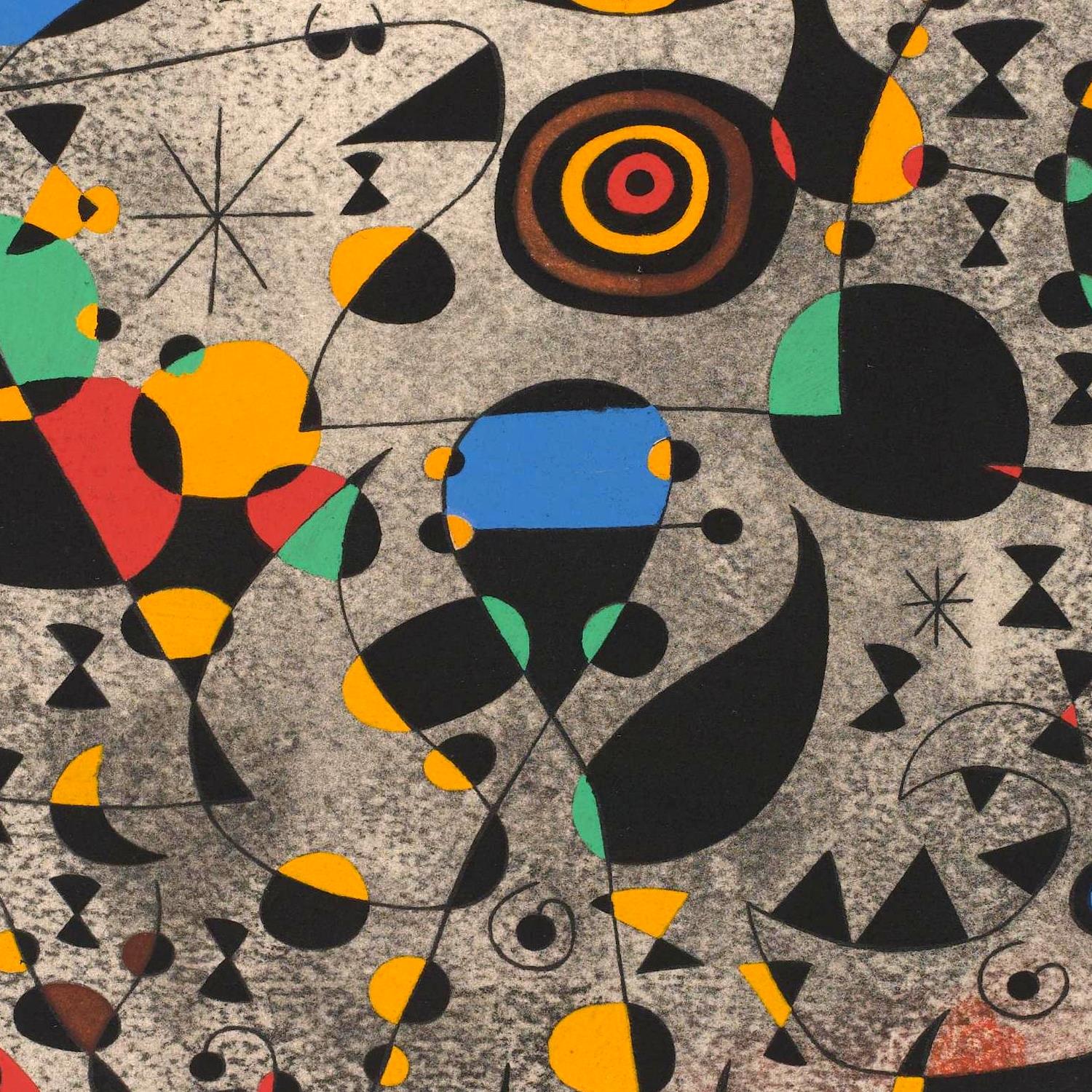 Abstract art with geometric shapes in black, yellow, red, and blue on a gray background