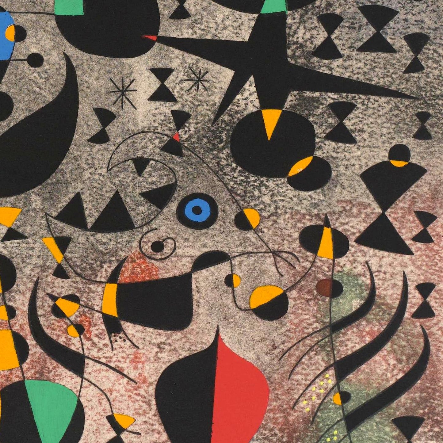Abstract artwork with geometric shapes and bold colors on a textured background