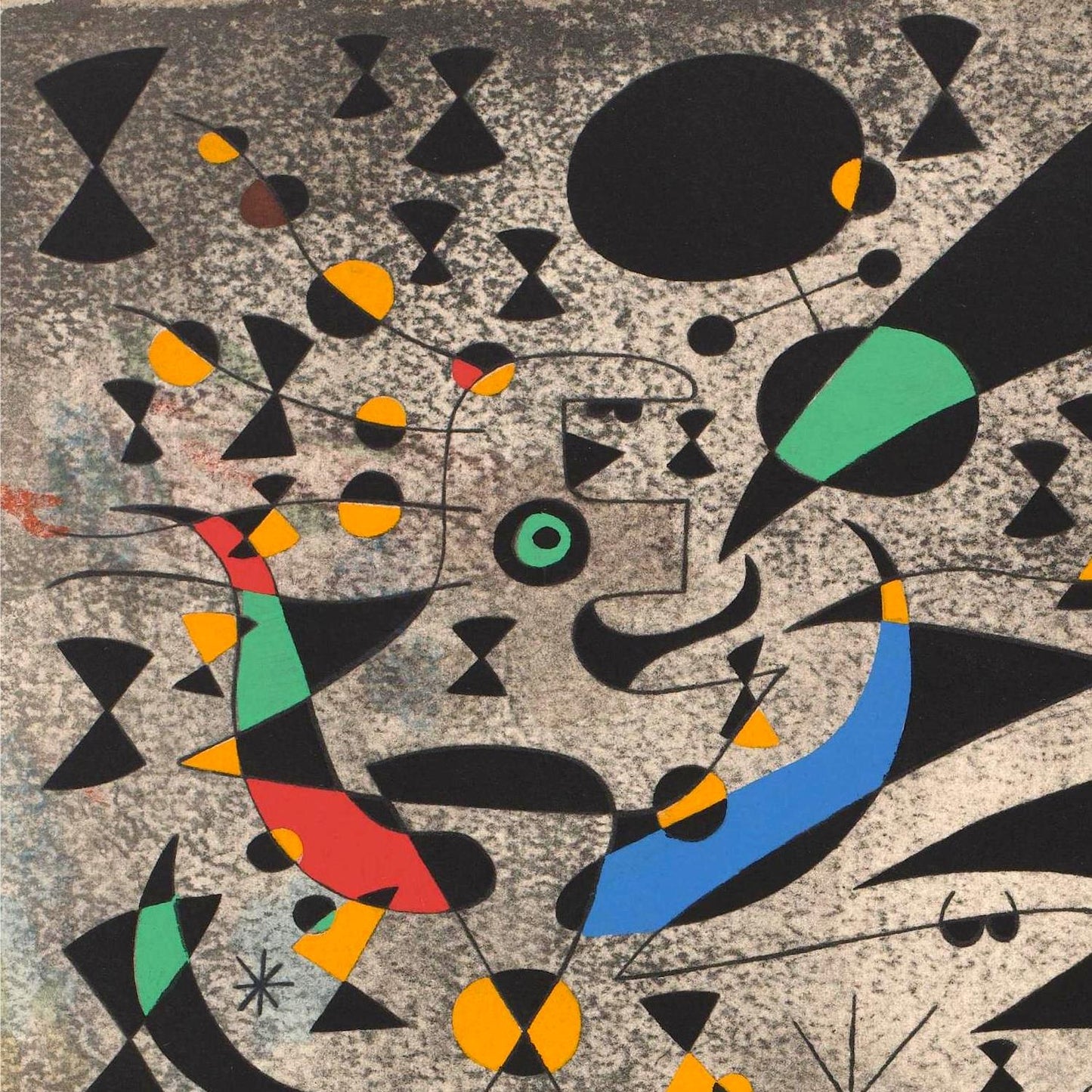 Abstract artwork with geometric shapes and colors on a textured background