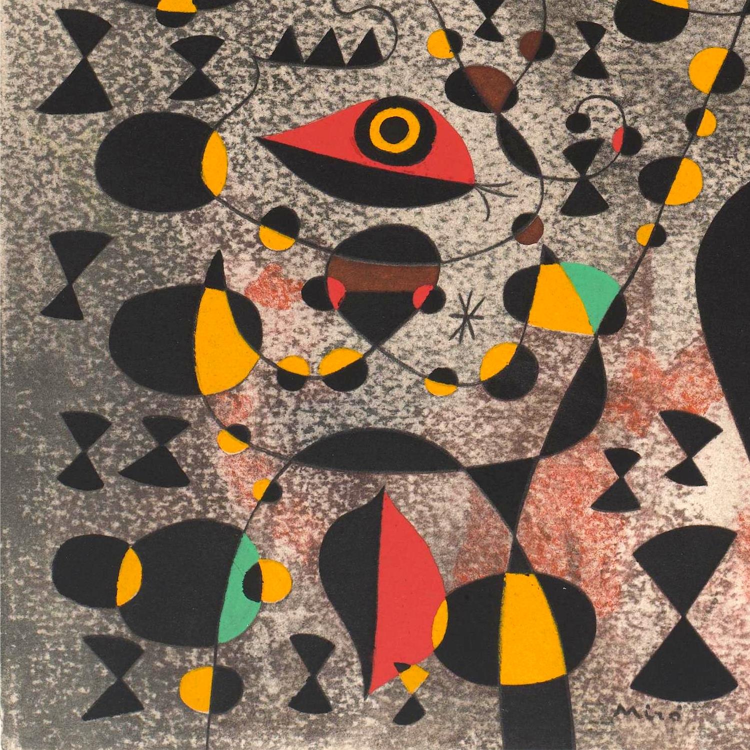 Abstract artwork with colorful geometric shapes on a textured background