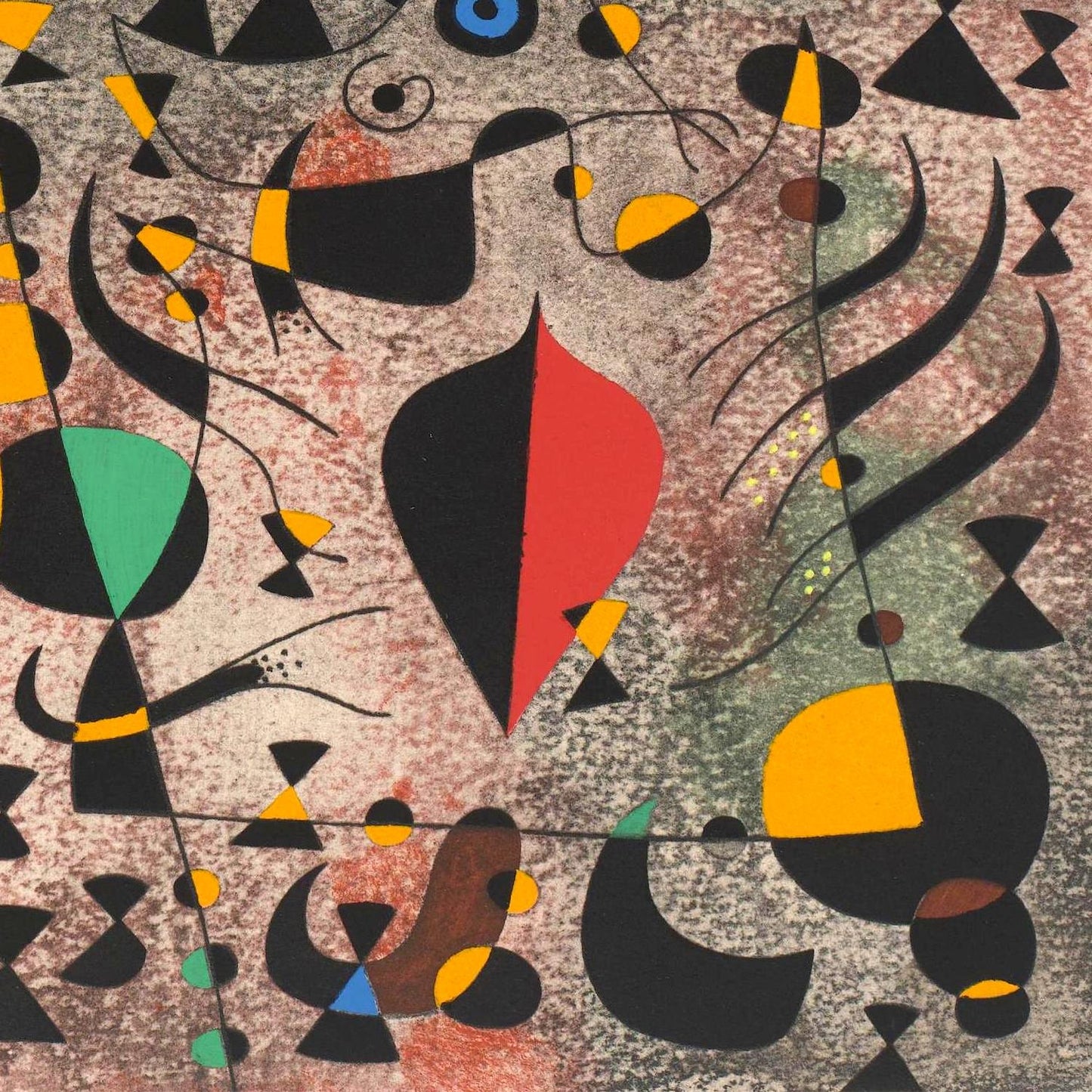 Abstract artwork with geometric shapes in black, yellow, red, and green on a textured background.