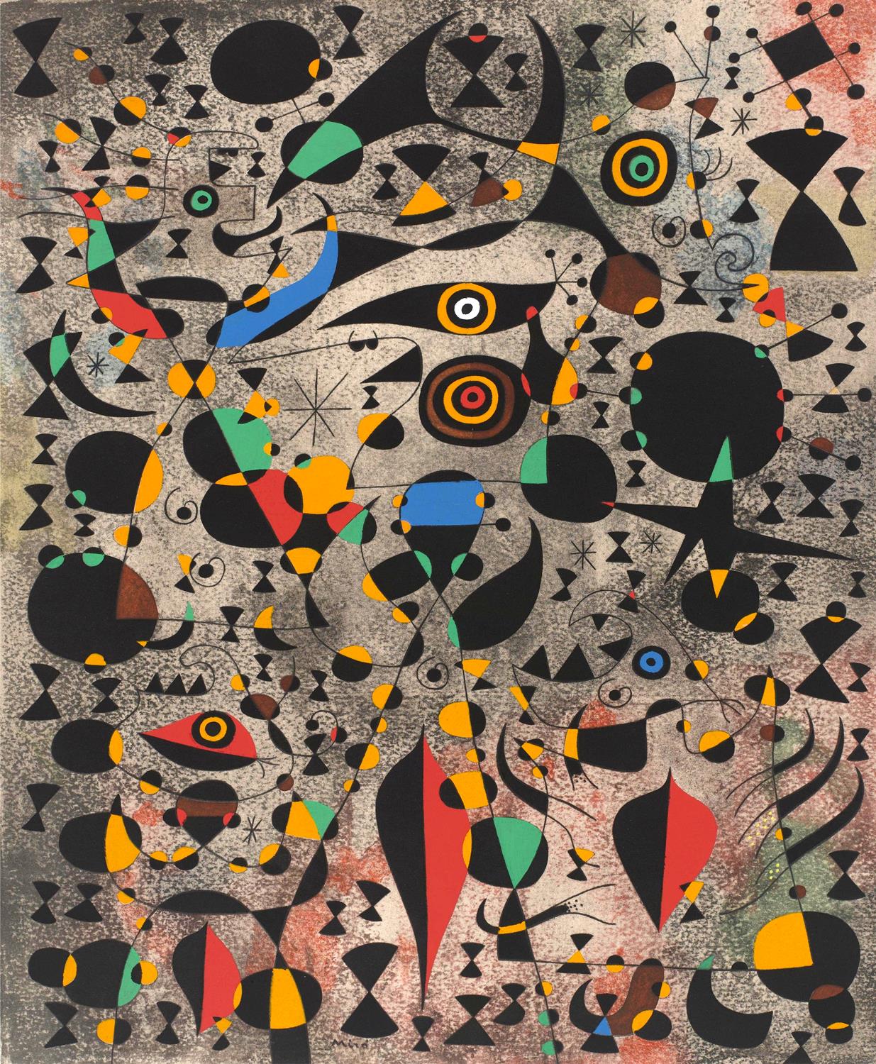 Abstract artwork with geometric shapes and patterns on a textured background