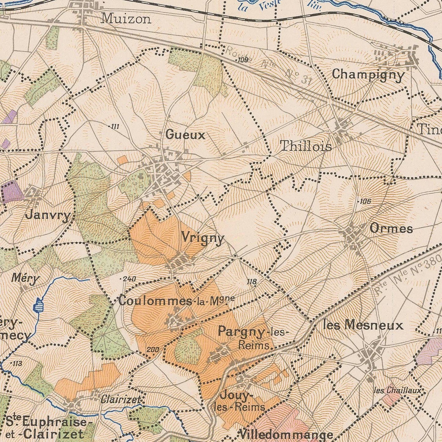 Old map of a region with labeled places and roads