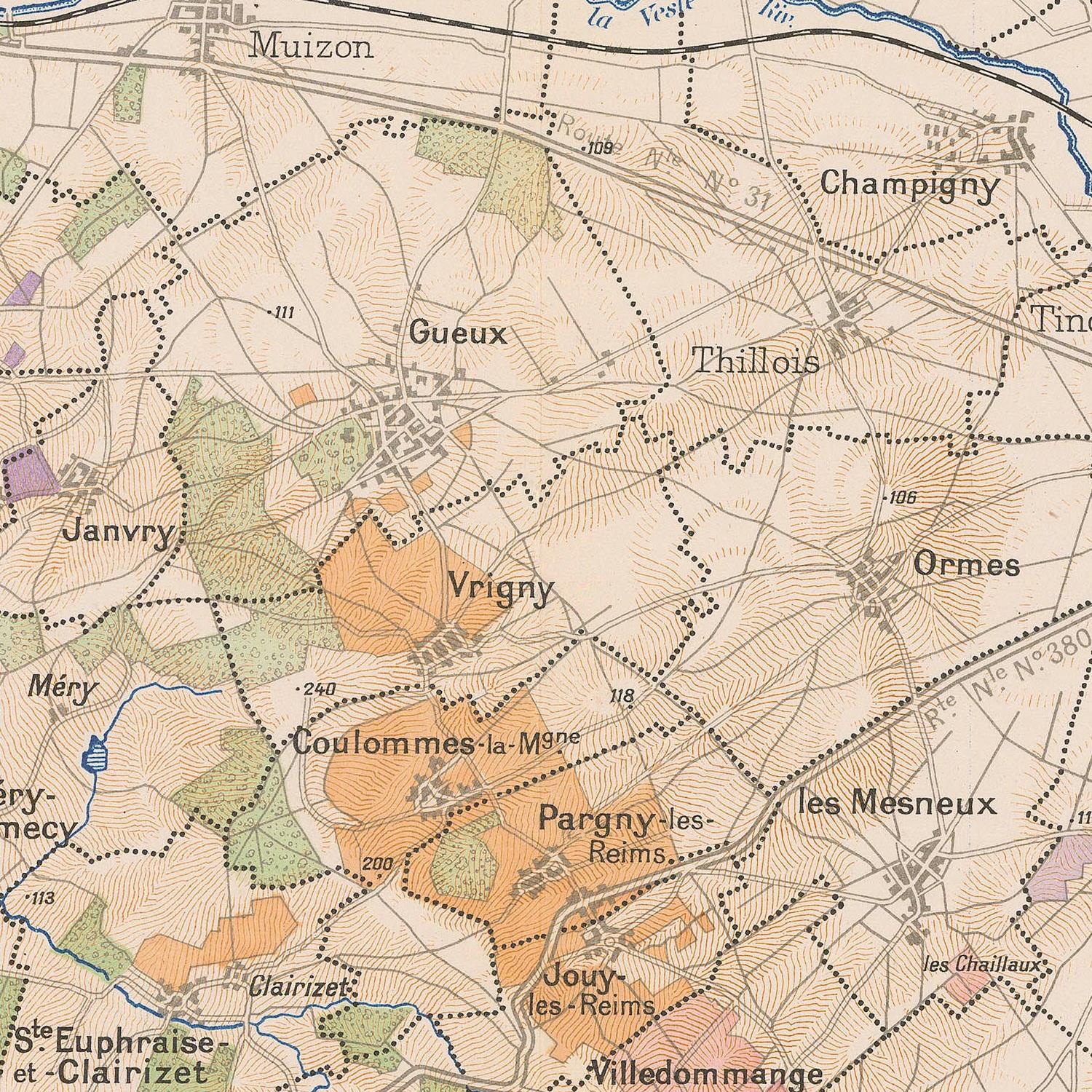 Old map of a region with labeled places and roads