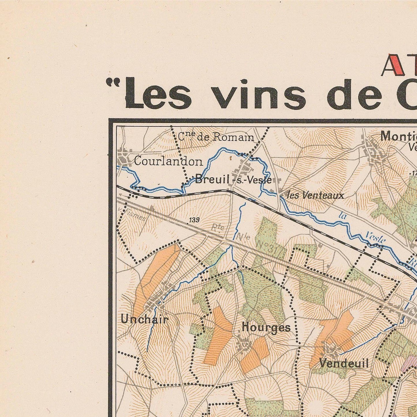 Vintage map with labeled regions and text 'Les vins de'
