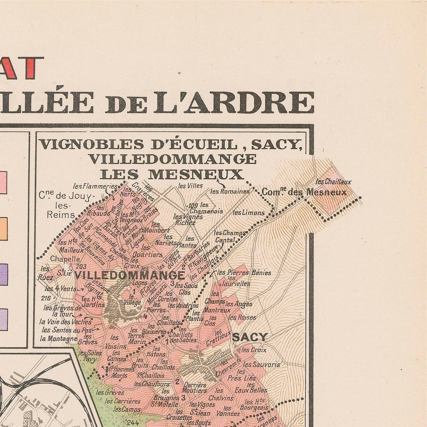 Map of Villedomange and Sacy with labeled areas on a vintage map background