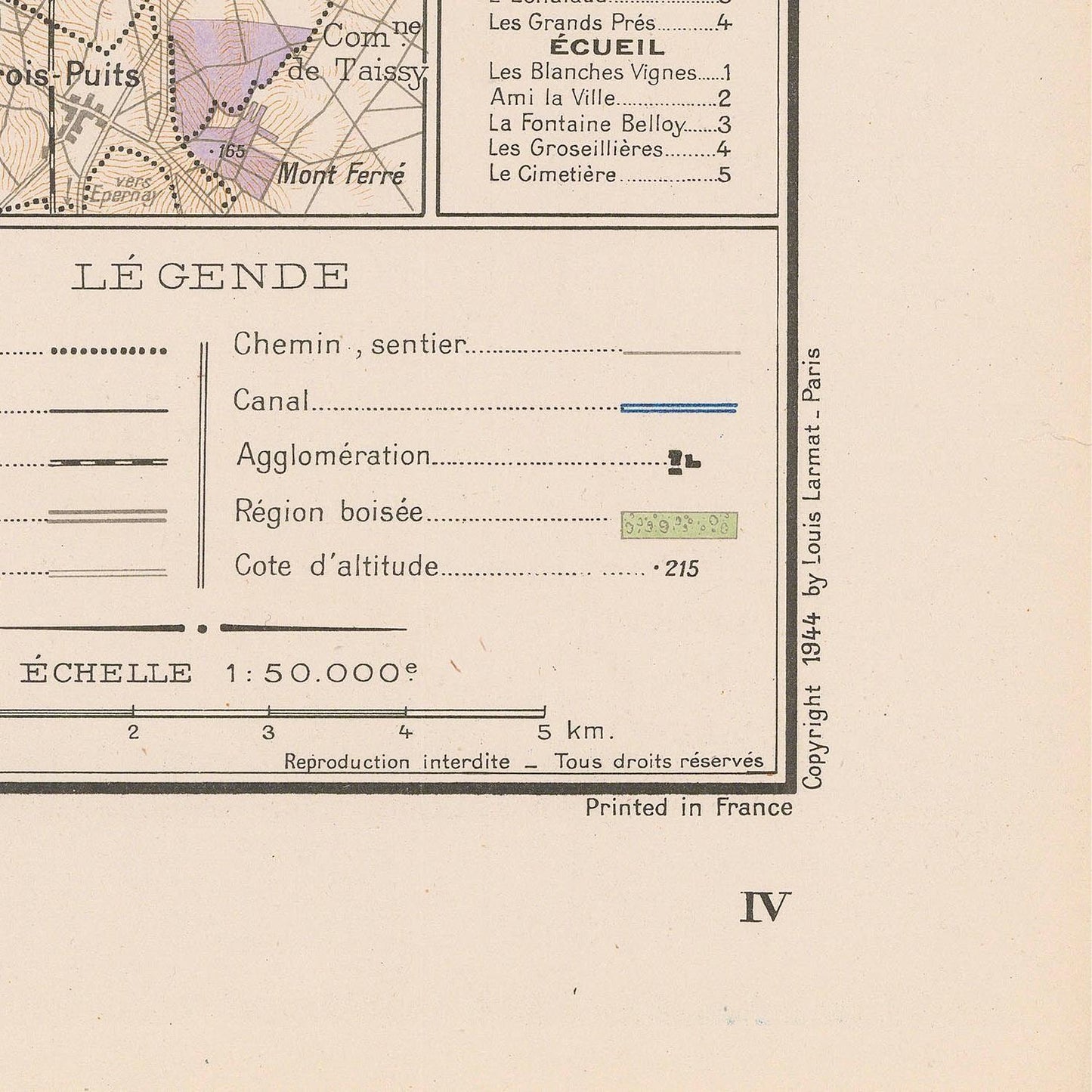 Vintage map with legend and scale, printed in France by Louis Lornat.