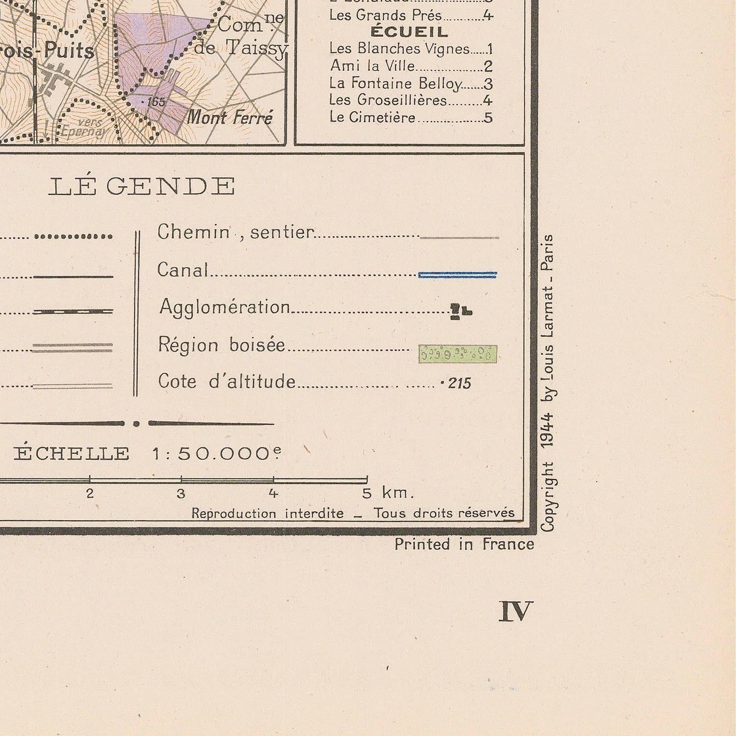 Vintage map with legend and scale, printed in France by Louis Lornat.