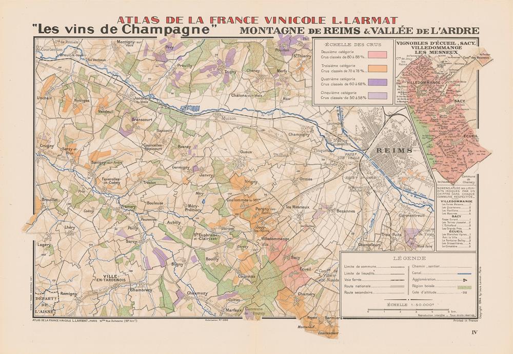 Vintage map of Champagne region in France with color-coded wine regions.