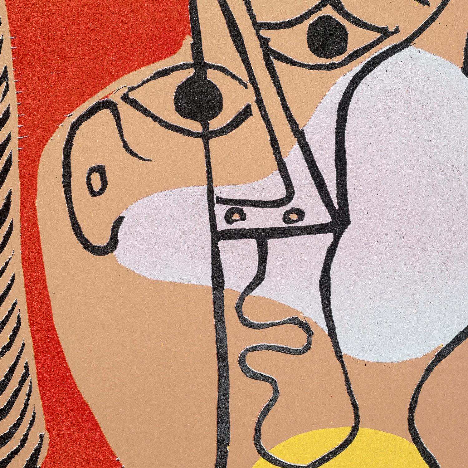 Abstract artwork with geometric shapes and lines on a red background