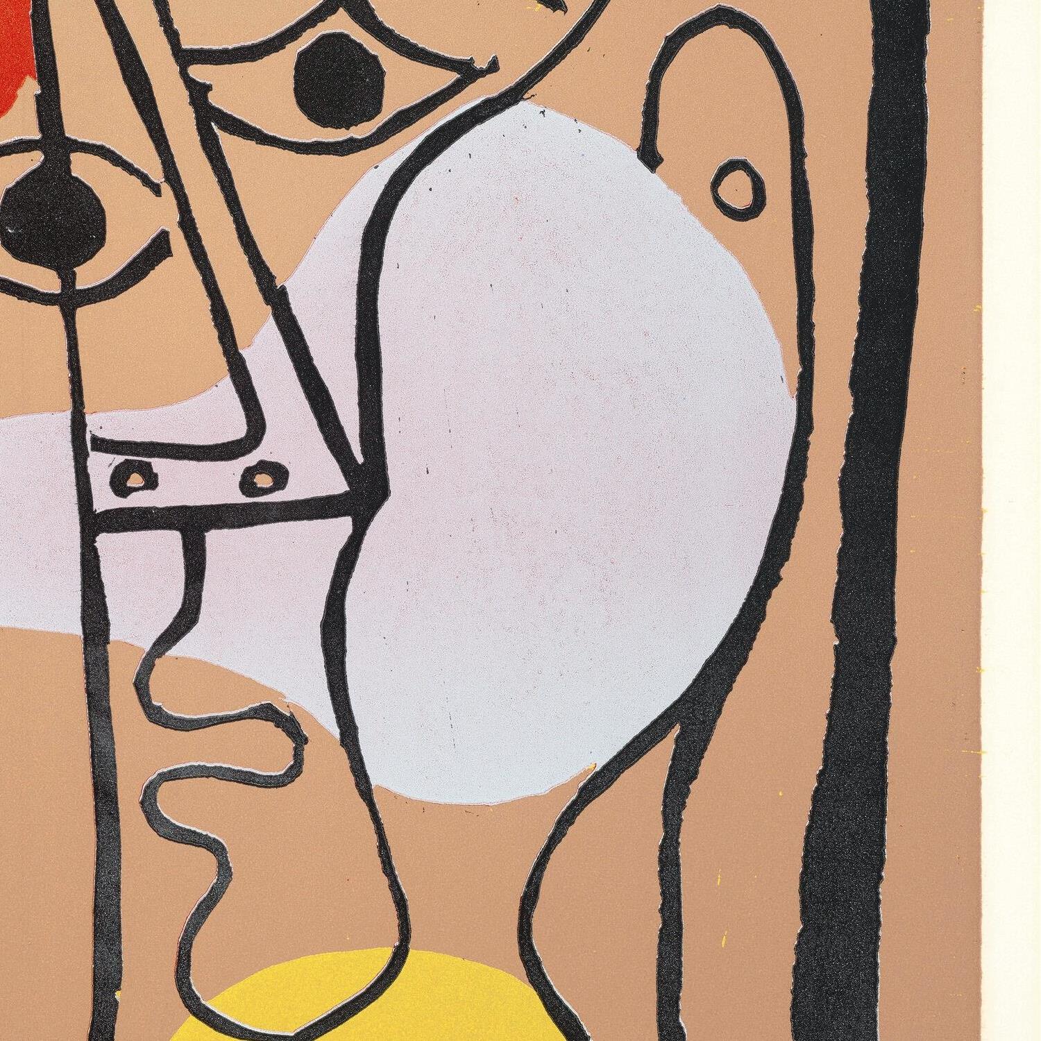 Abstract art with black line drawing on a beige background