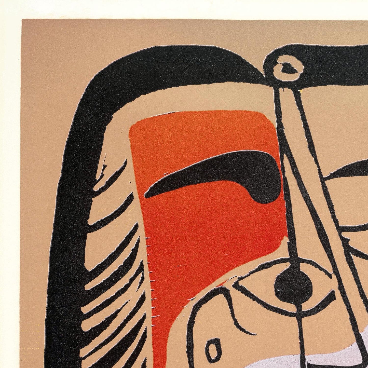 Abstract artwork with a stylized face featuring a red area and black lines on a beige background