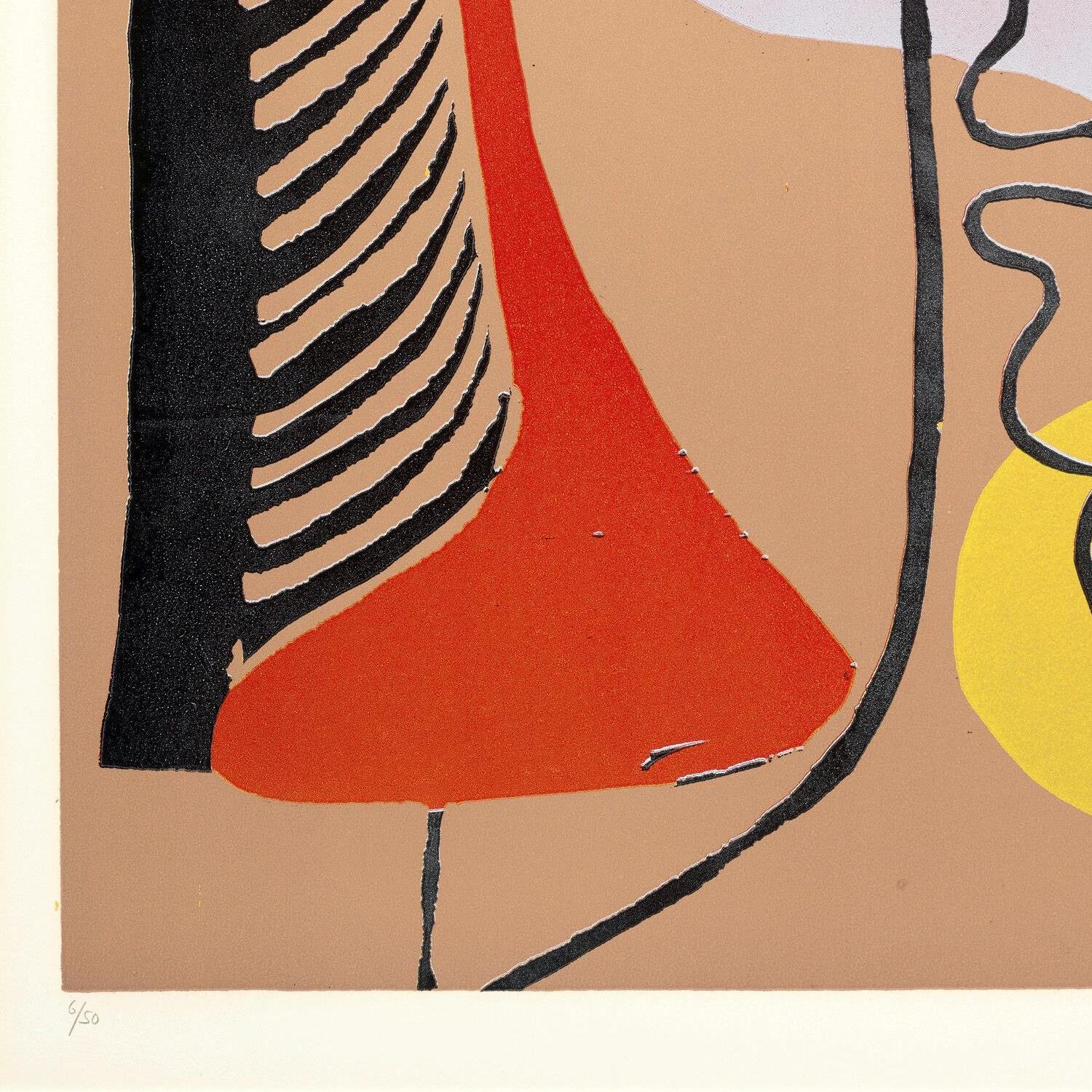 Abstract art piece with red, black, and yellow shapes on a beige background