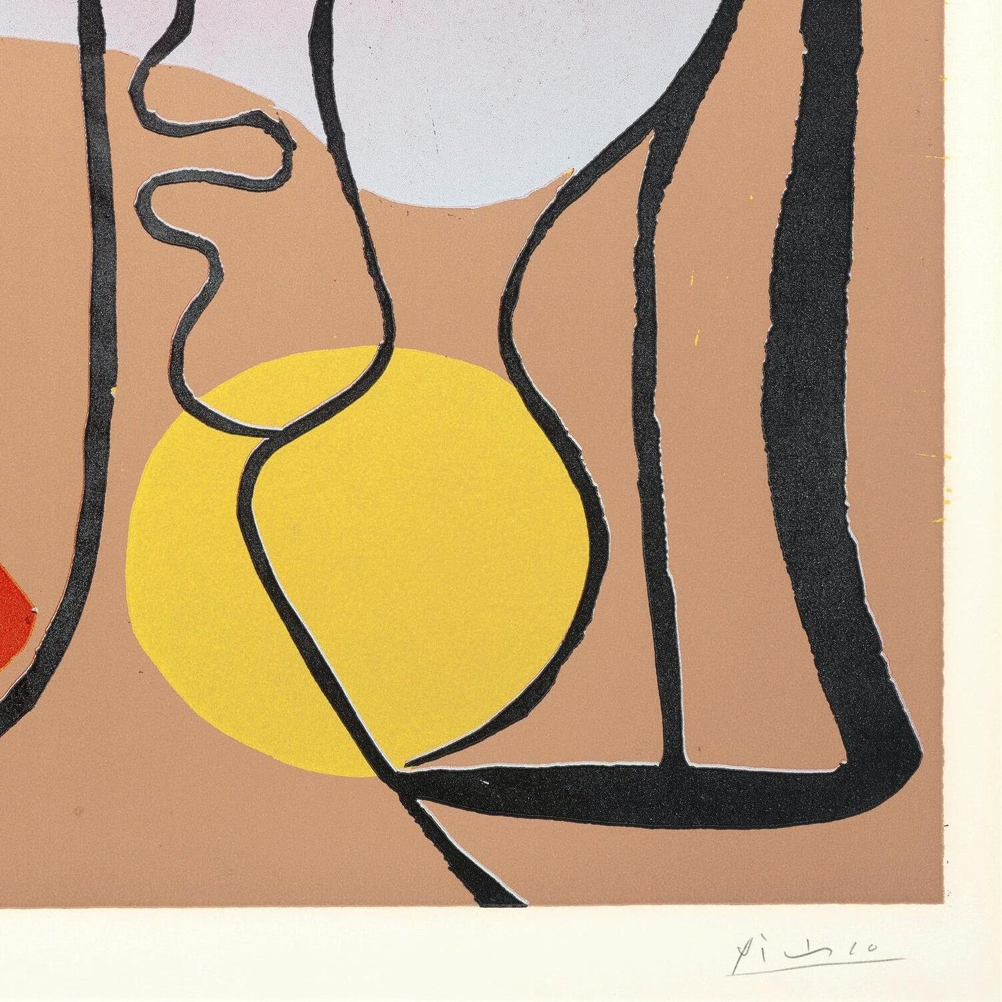 Abstract artwork with a yellow circle, black lines, and a red dot on a beige background.