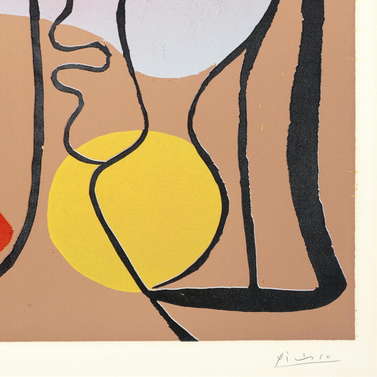 Abstract artwork with a yellow circle, black lines, and a red dot on a beige background.