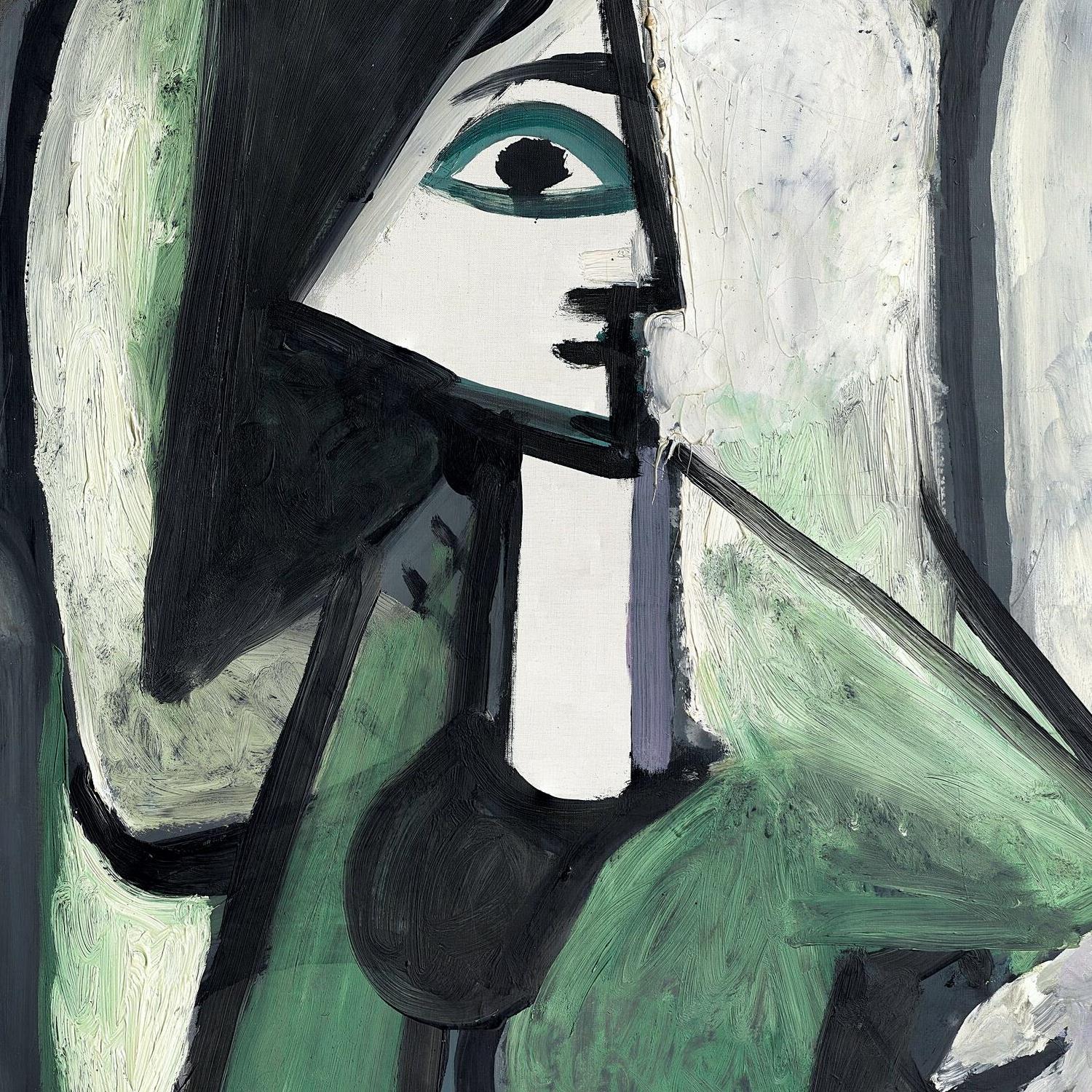 Abstract painting with green, black, and white colors