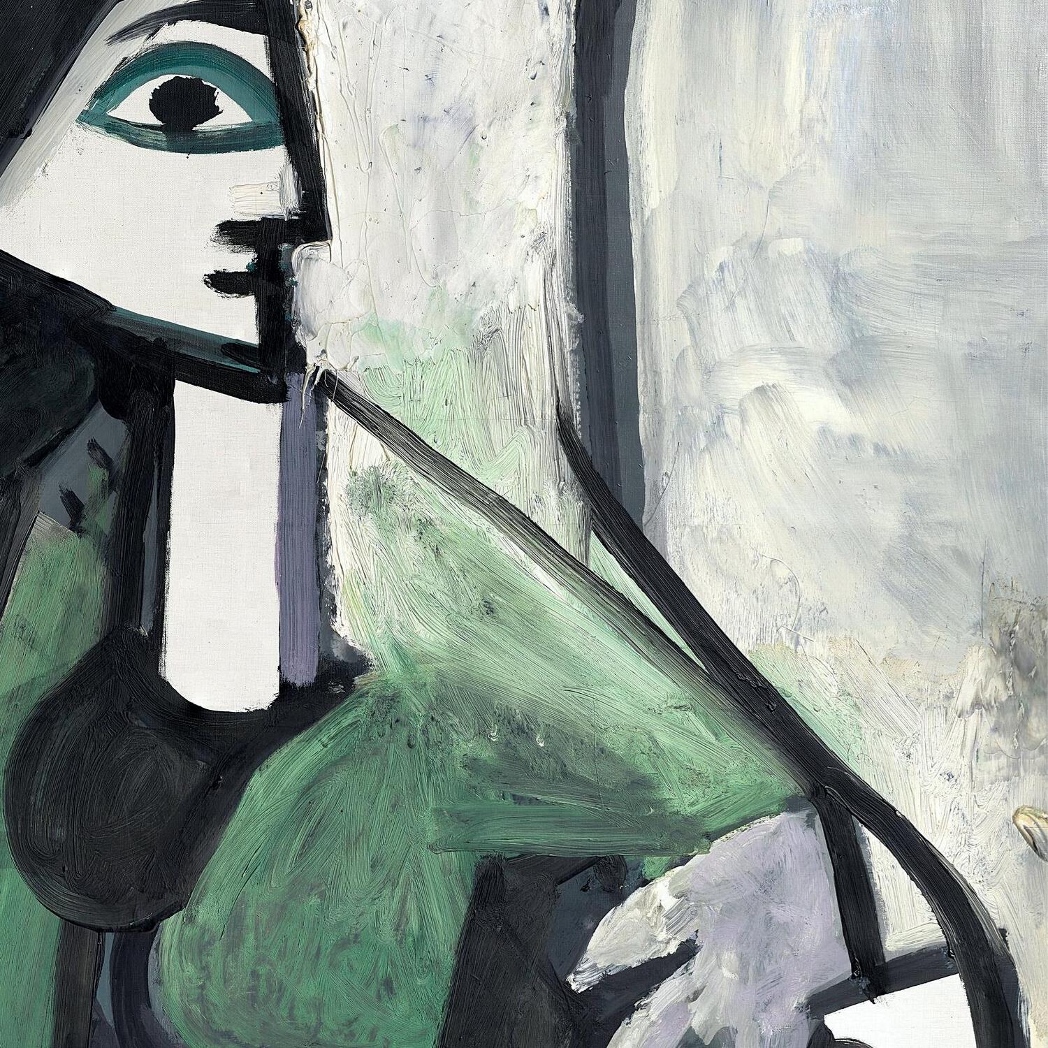 Abstract artwork with green, black, and white colors