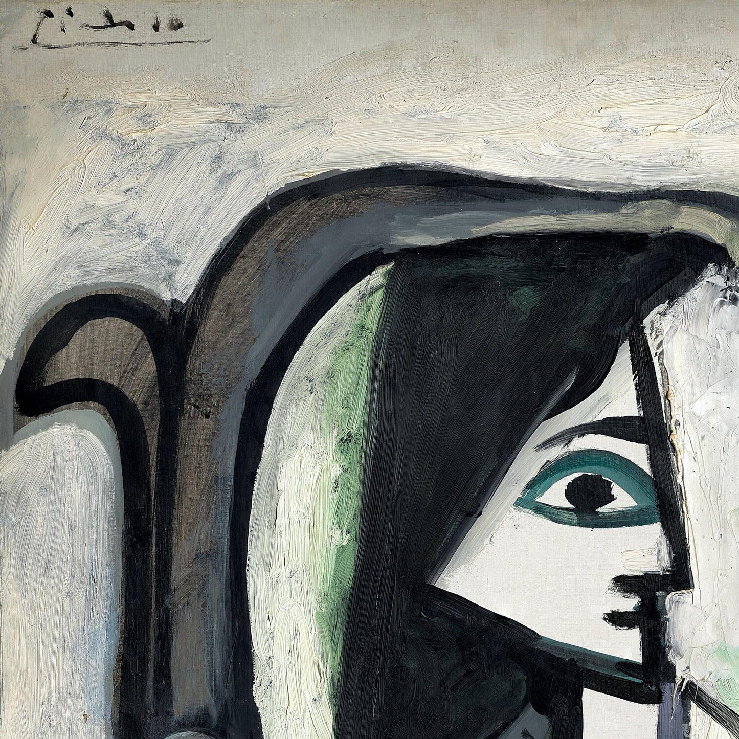 Abstract artwork with a stylized face and signature at the top left corner.