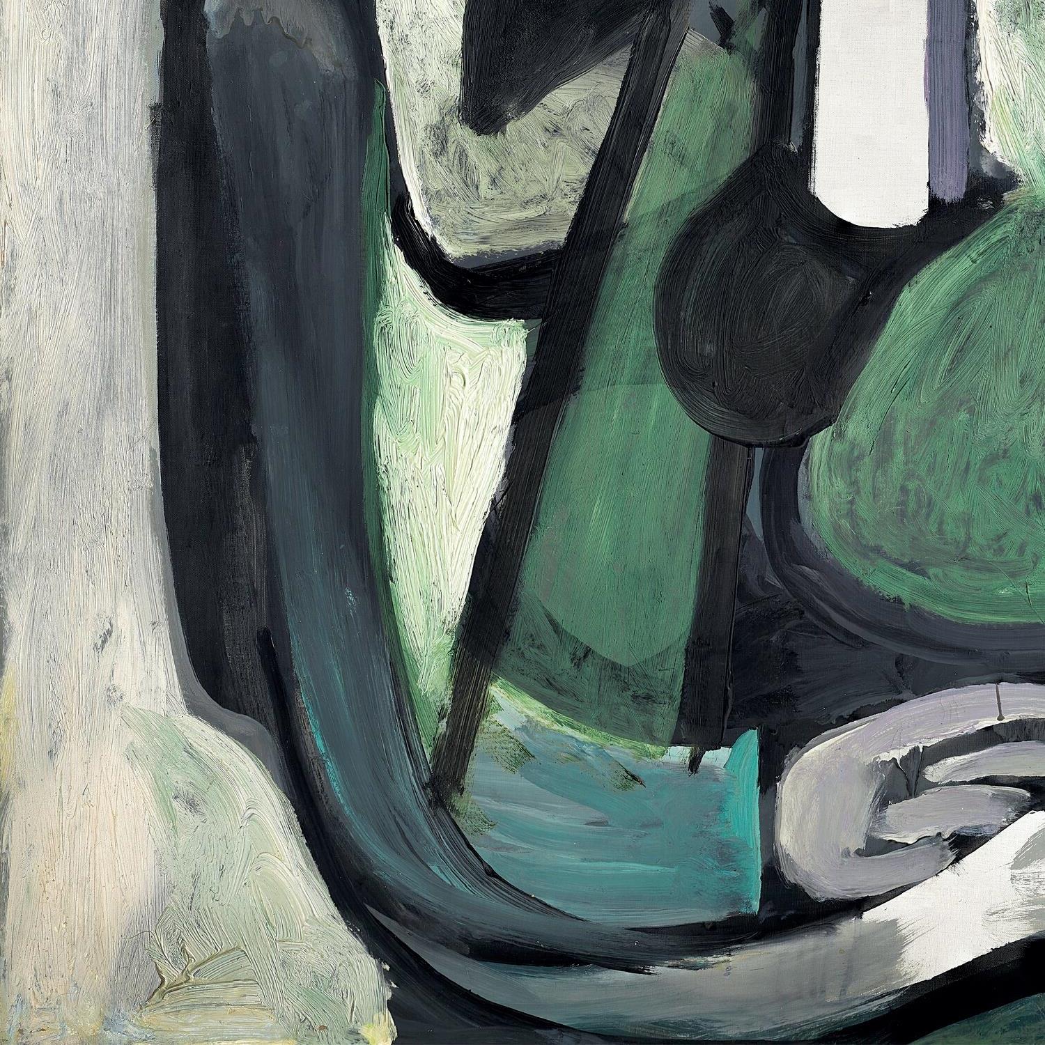 Abstract painting with green, black, and white colors