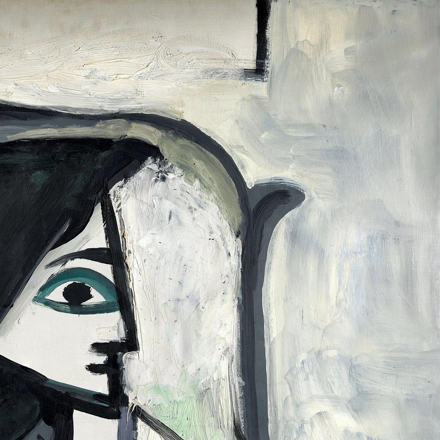 Abstract painting of a face with a prominent eye on a light gray background