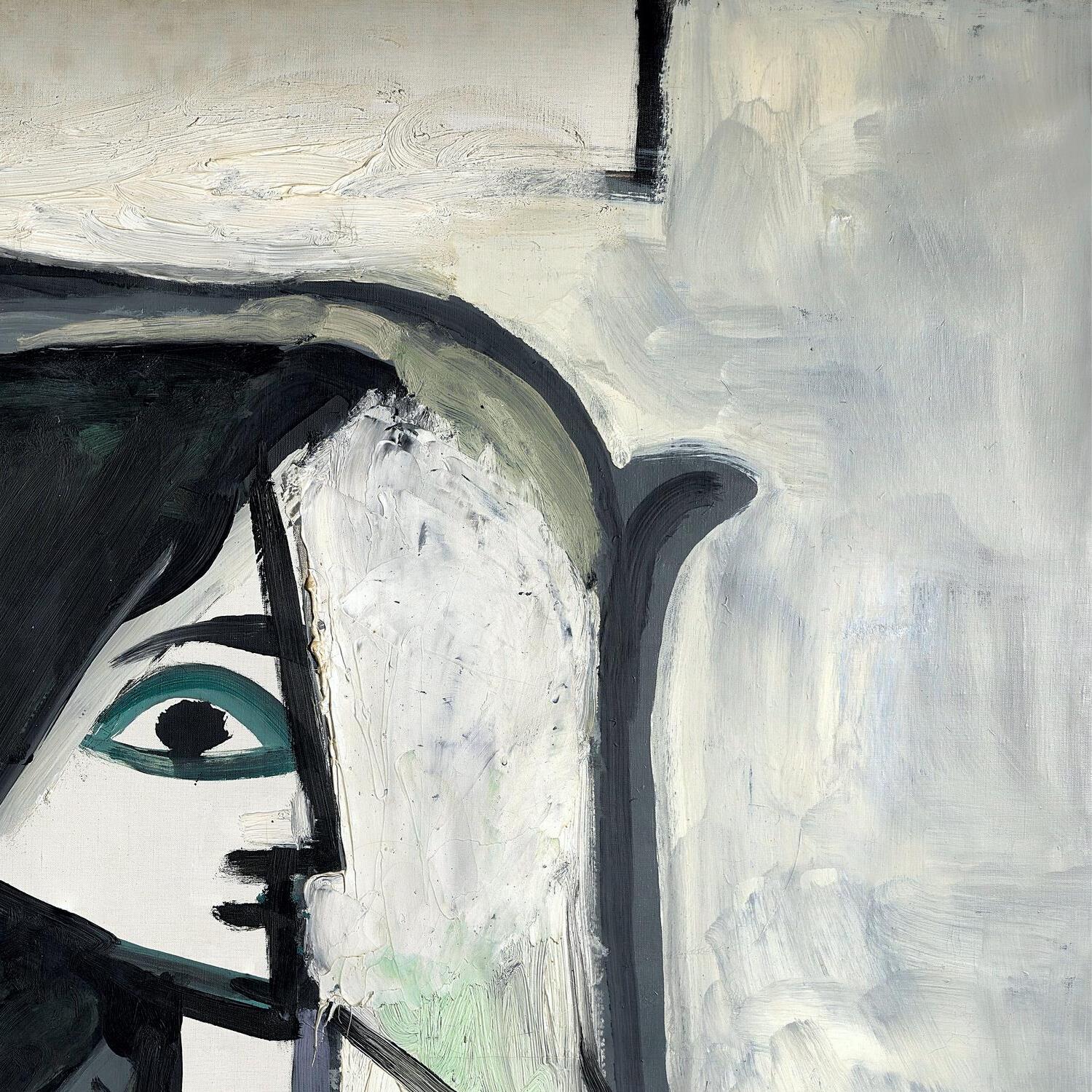 Abstract painting of a face with a prominent eye on a light gray background