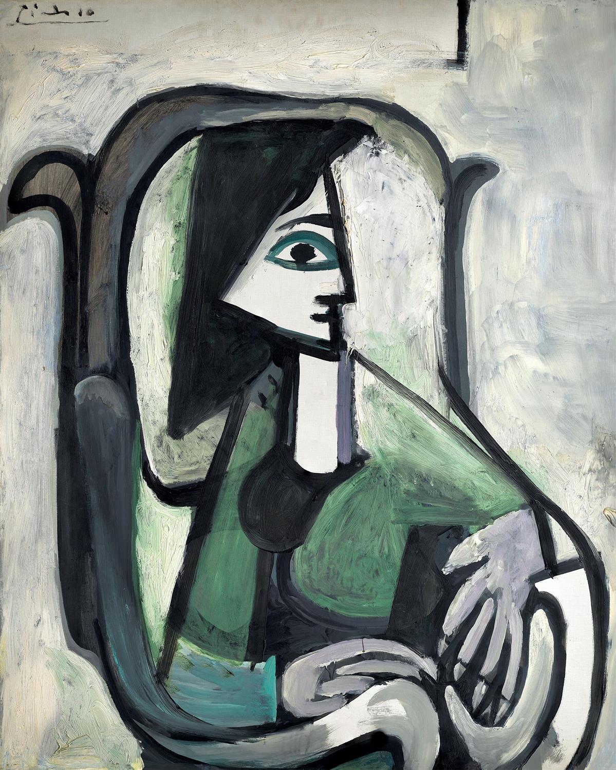 Abstract artwork with a stylized figure in green and black against a gray background