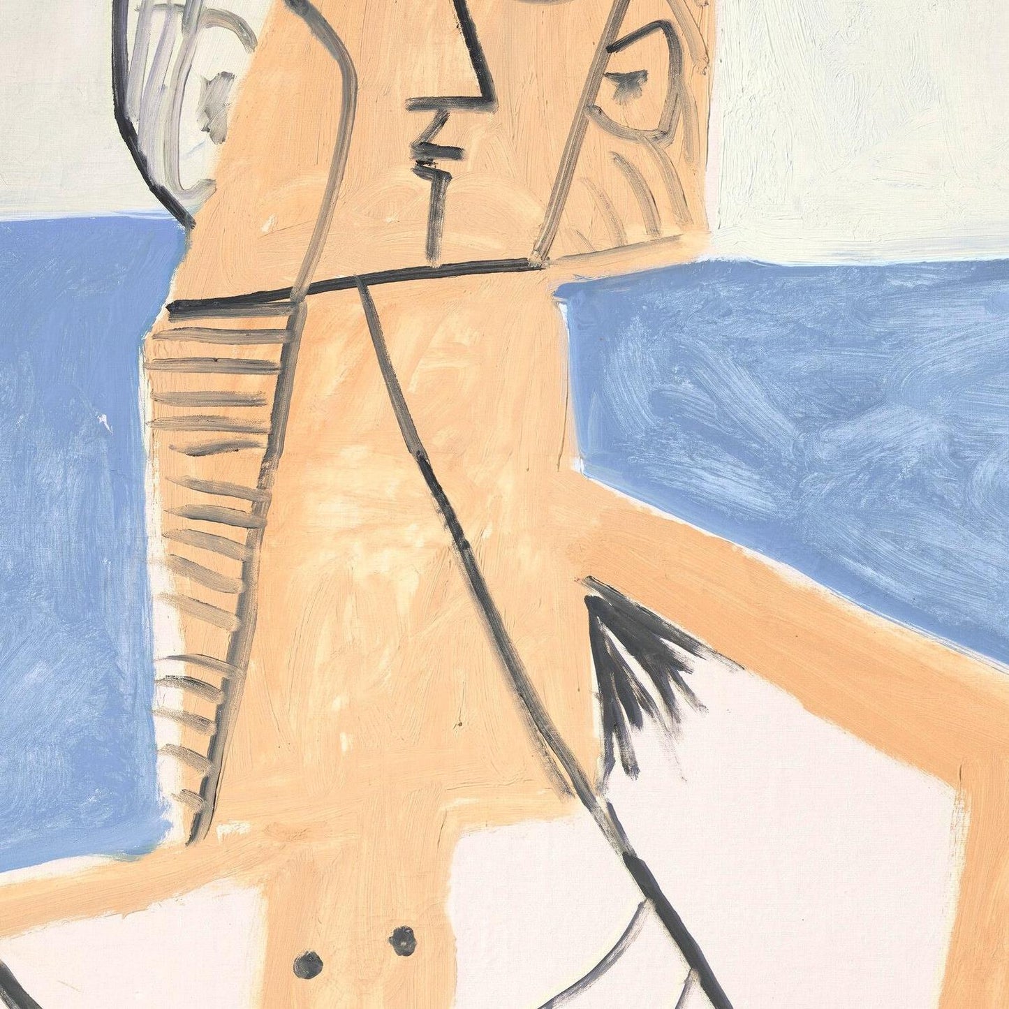 Abstract artwork with a figure and blue background