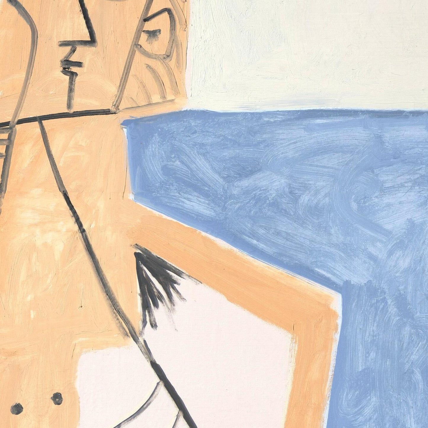 Abstract artwork with a stylized figure and blue background