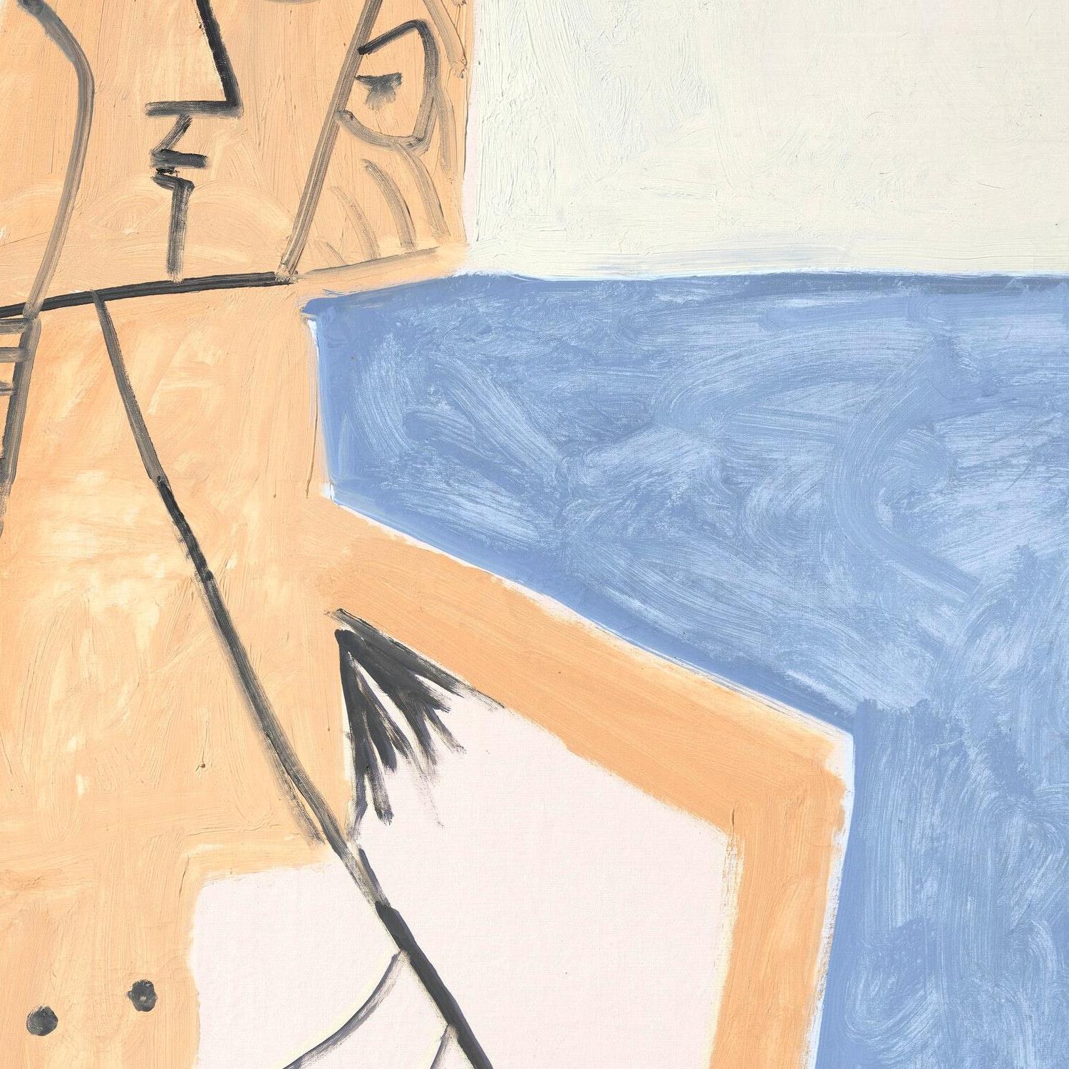 Abstract artwork with a stylized figure and blue background