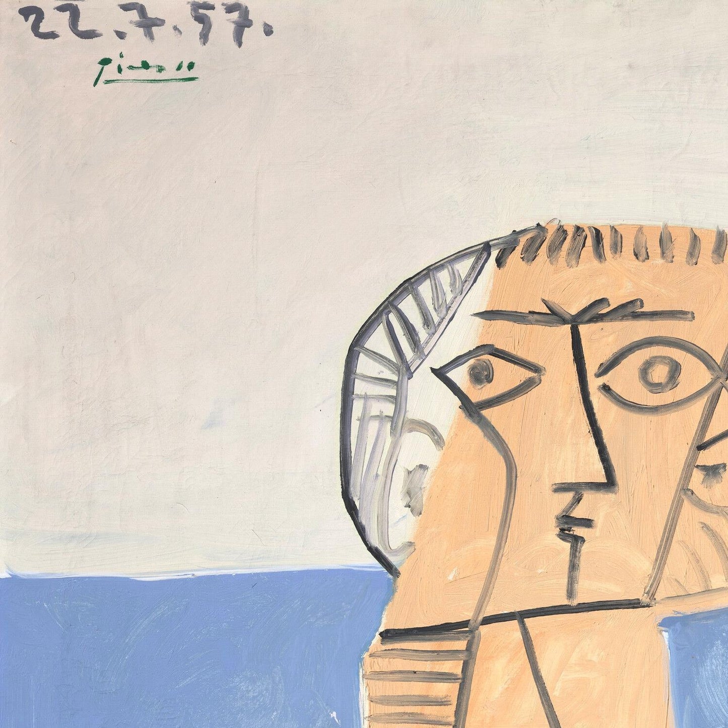 Abstract artwork with a face and helmet on a beige background, signed 'Picasso'.