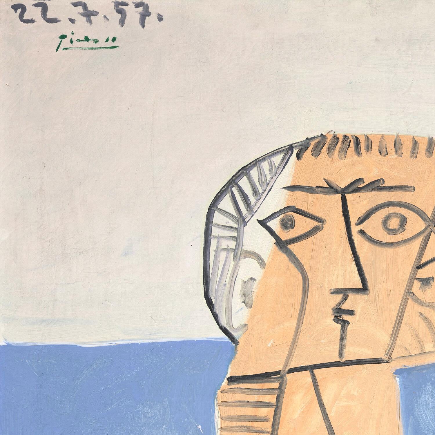Abstract artwork with a face and helmet on a beige background, signed 'Picasso'.