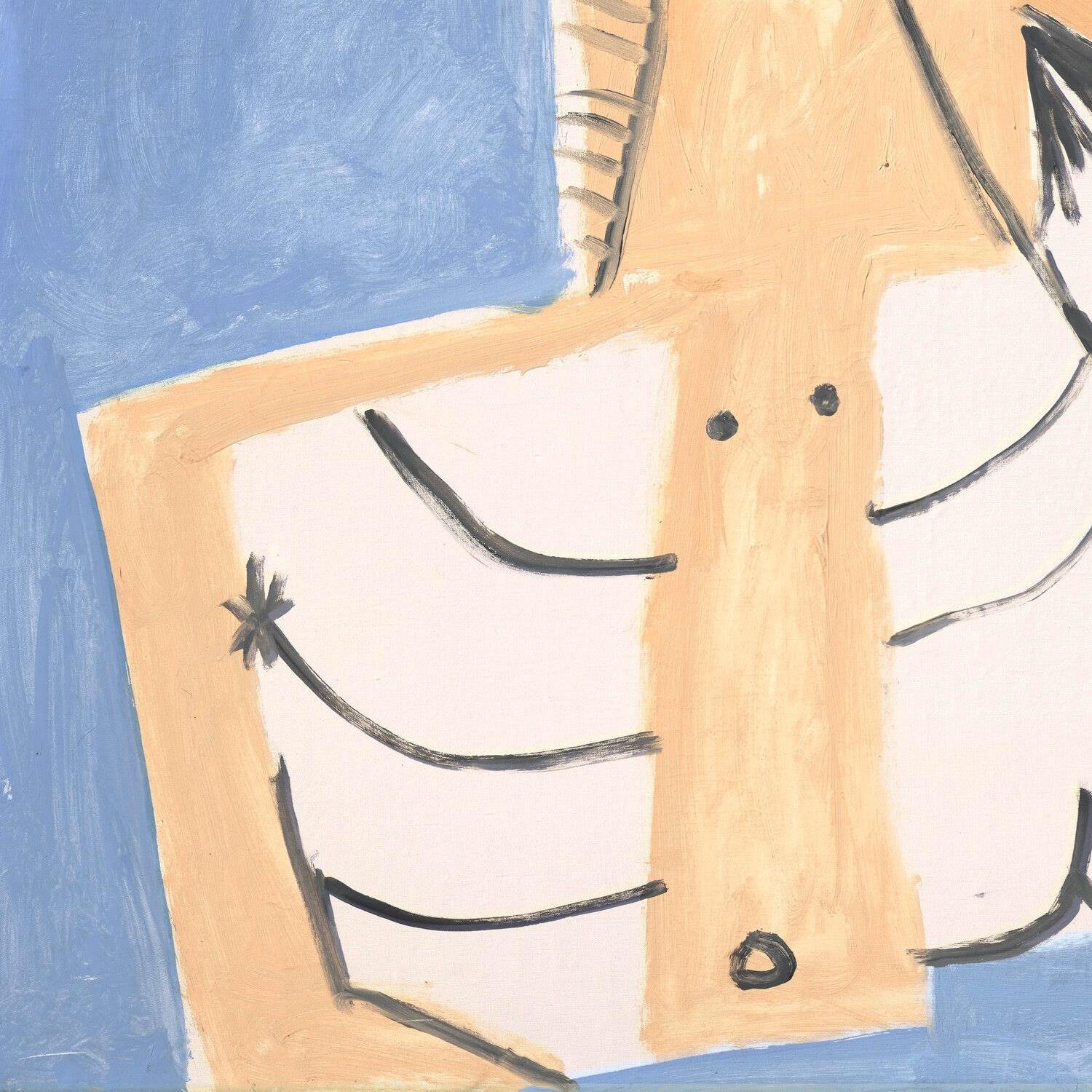 Abstract art piece with geometric shapes on a blue background