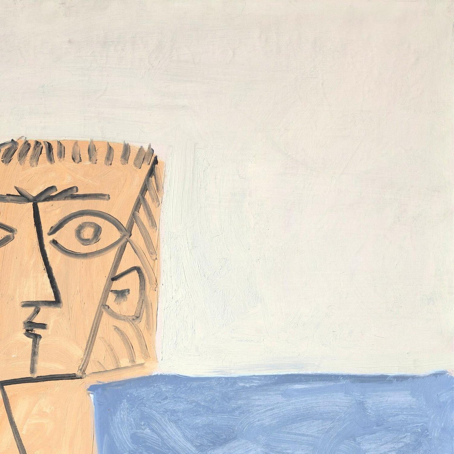 Abstract artwork with geometric shapes and a face-like design on a beige background