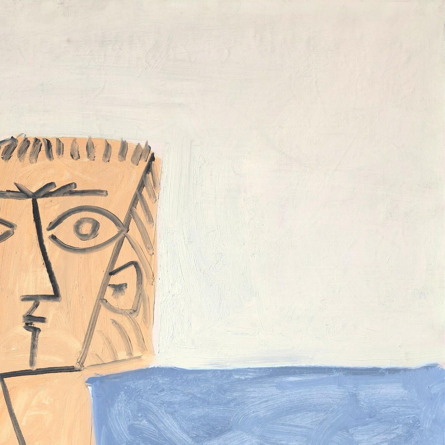 Abstract artwork with geometric shapes and a face-like design on a beige background