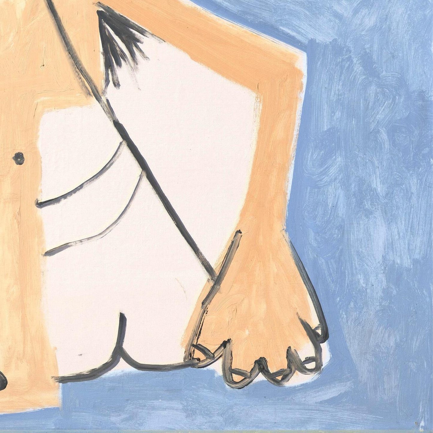 Artistic depiction of a person's legs with white pants and black shoes against a blue background