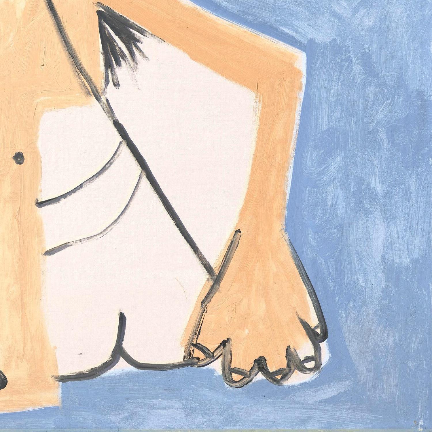 Artistic depiction of a person's legs with white pants and black shoes against a blue background