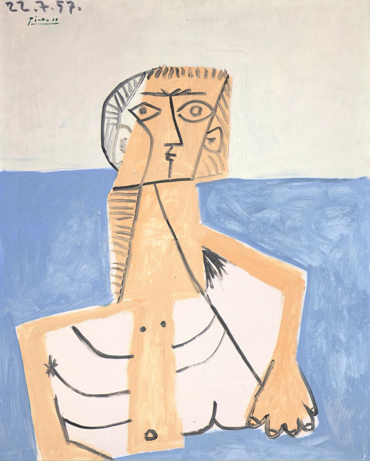 Abstract artwork of a figure with a blue background