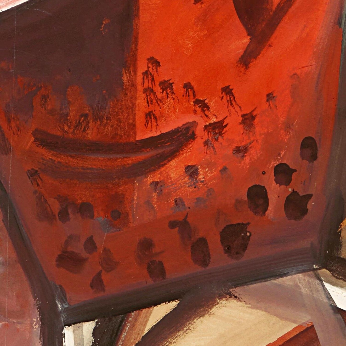 Artistic depiction of a scene with figures and architectural elements on a red background