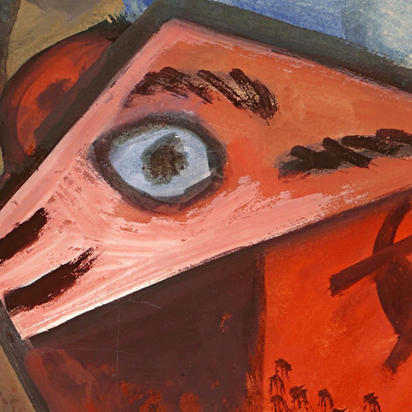 Abstract painting with a prominent eye-like shape on a red background
